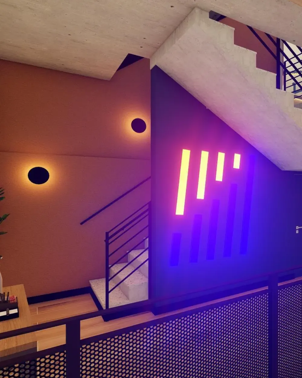 Detalhe da escada e iluminação da ShapeMe Academia